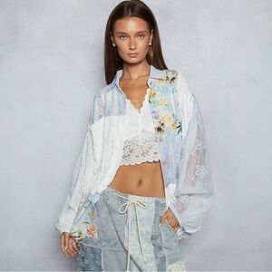 POL Long Sleeve Floral Embroidery Patchwork Shirt Top